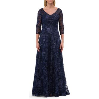 La Femme Lace Mother of the Bride Gown with V Neckline in Navy at Nordstrom, Size 14