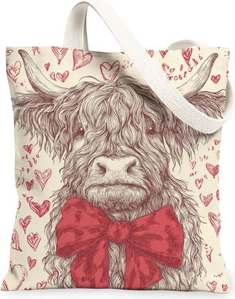 Generic Heart Patterned Canvas Tote Bags, Cute Cow Design Lightweight Washable Grocery Bags, Vintage Rustic Style Reusable Shopping, Beige, 13x15 Inch