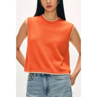 White + Warren Blanket Trim Crew Neck Tank Top In Orange/ivory