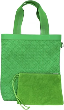 Bottega Veneta Green White Leather Handbag Pouch Tote Bag (Pre-Owned)
