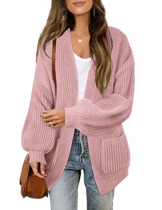 Merokeety Womens Chunky Cardigan Sweaters 2025 Lantern Long Sleeve Oversized Knit Outerwear with Pockets, Dusty Pink, M