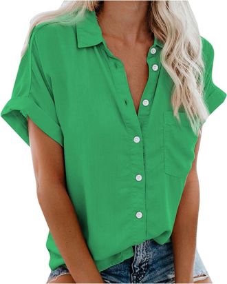 Generic Ladies Short Sleeve Blouses With Button Front - Shirt Women Beach Plus Size Solid Color Turndown Collar Summer Tops For Women Soft Comfort Casual Tops
