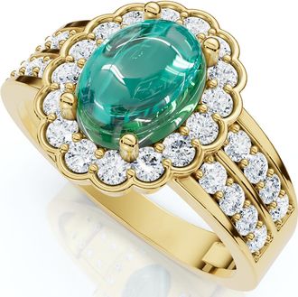Pompeii3 1 1/5ct Diamond Halo & Oval Emerald Cabochon Ring 10K Gold