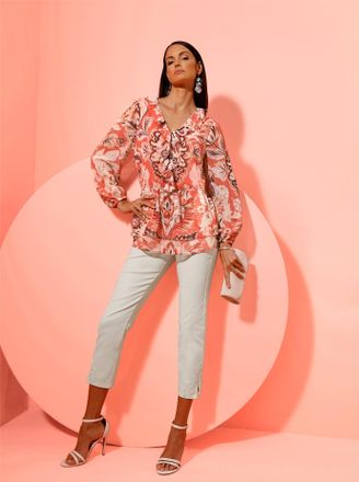 Cr&eacute;ation L Longbluse CREATION L, Damen, Gr. 36, champagner, koralle, bedruckt, 100% Polyester, gemustert, mehrfarbig, V-Ausschnitt, Blusen Longbluse