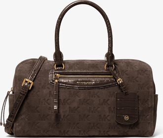 Michael Kors Jet Set Travel Medium Logo Embossed Suede Duffel Crossbody Bag