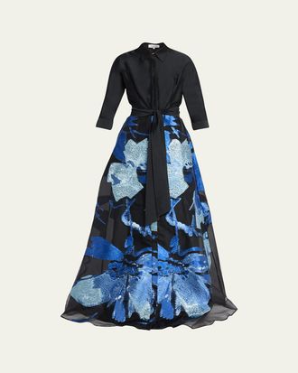 Teri Jon Taffeta and Floral Jacquard Organza Shirt Gown