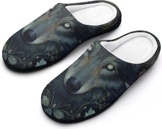 Generic Wolf Moonlight Flowers Plants Slippers Men Winter Warm Cotton Anti-Slip Indoor Slip-Ons House Shoes