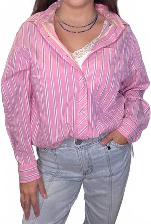 Tribal Poplin Double Stripe Roll Up Sleeve Top In Pink