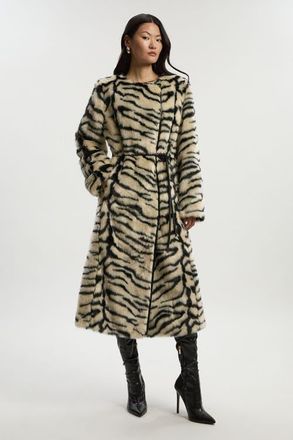 Karen Millen Faux Fur Collarless Tie Belted Midi Coat in Mono at Nordstrom, Size 12