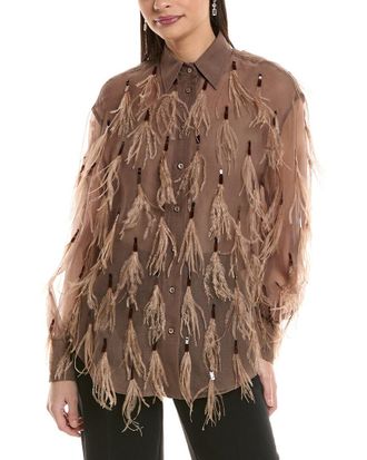 Brunello Cucinelli Feather Trim Silk Blouse