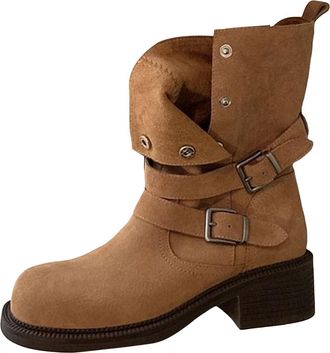 Generic Womens Buckled Double Strap Cow Suede Platform Mid Calf Boots, Round Toe Slip on Chunky Block Heel Comfort Vintage Slouchy Boots Khaki