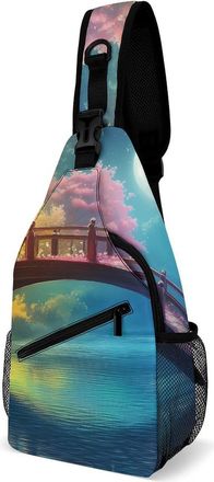 Generic Cherries Flower Fantasy Bridge Moon Colorful Mens Print Crossbody Large Sling Backpack Casual Chest Bag Gift for Traveling Hiking Workout