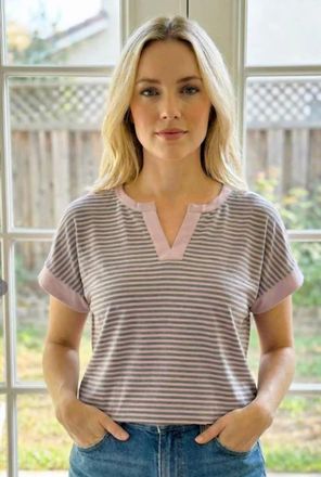 Staccato V-Neck Short Sleeve Top In Blush & Blue