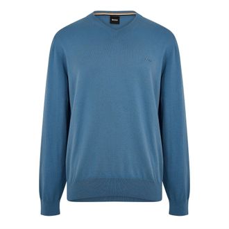 HUGO BOSS Heren Geborduurd Logo Gebreide V-Hals Sweatshirt (Pastelblauw)