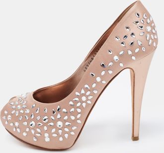 Gina Beige Satin Embellished Peep Toe Platform Pumps