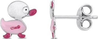 Mimi & Max Pink Enamel Duck Stud Earrings in Sterling Silver