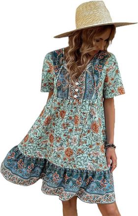 Generic Womens Floral V-Neck Loose Casual Bohemian Holiday Style Dress - Green - L