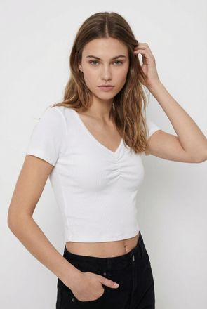 Only Kurzarmshirt ONLY ONLBETTY LIFE S/S SCALLOP V-NECK CC JRS, Damen, Gr. XL, cloud dancer, Jersey, Obermaterial: 95% Baumwolle, 5% Elasthan, unifarben, h