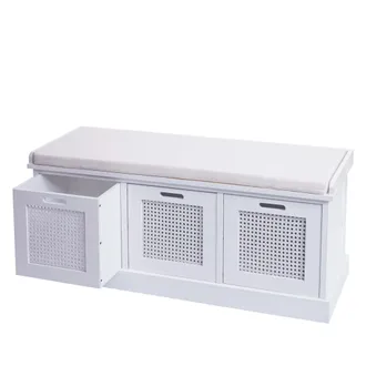 Hhg Hhg - Non Utilizzato] Panca Panchina Da Interni Con Cuscino 3 Box Ceste Contenitori 904 Legno Mdf Bianco