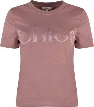 Chlo&eacute; Katoenen T-shirt met ronde hals - Dames - T-shirts - Roze - S - Katoen - Tops