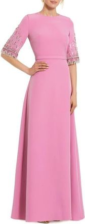 Mac Duggal Womens Crepe A Line Gown With Beaded 3/4 Sleeves in Rose at Nordstrom, Size 18