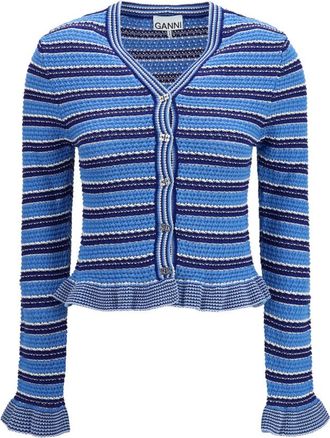 Ganni Light Blue Stripes V Neck Sweater