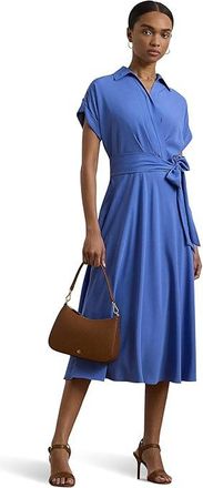 Lauren Ralph Lauren Belted Crepe Dress Womens Clothing Soft Lazuli : 10, Polyester