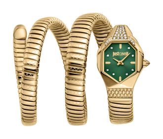 Just Cavalli Womenss Snake Watch, Gold Color Case, Dark Green Dial, Gold Color Stainless Steel Bracelet