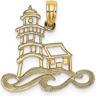 Diamond2Deal 14k Yellow Gold Cut-Out Lighthouse with Waves Charm Pendant