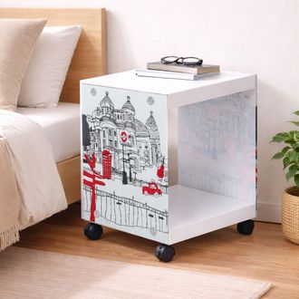 Dmora Dmora - Mesita-mesita De Noche Con Ruedas, En Madera Blanca Con Motivo London, Cm 38x33,5x46, Con Embalaje Reforzado