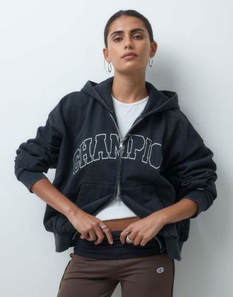 Champion Future Memories felpa con cappuccio oversize con zip integrale nera-Nero