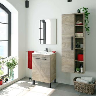 Dmora Columna De Ba&ntilde;o Losangeles, Mueble Columna Para Ba&ntilde;o Con 1 Puerta, Mueble De Pared Suspendido Con 5 Baldas, Cm 51x25h135, Roble - Dmora