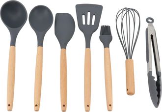 Gibson Home Holton 7 Piece Silicone Beech Wood Kitchen Tool Set in Grey