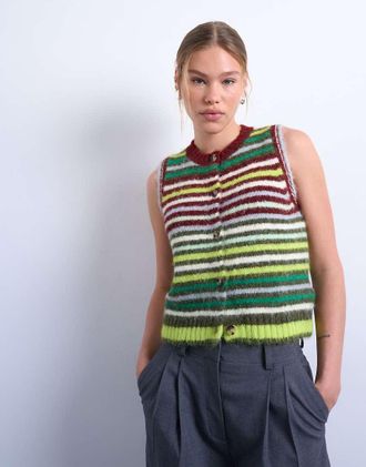 Topshop Gilet in maglia verde a righe multicolore-Marrone