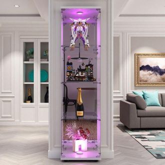 OEM Vitrina De Vidrio, Con Led, 4 Estantes, Espejo, Armario De Presentaci&oacute;n Para Sal&oacute;n, Vitrina Para Colecci&oacute;n, 164 X 42 X 36cm, Blanco