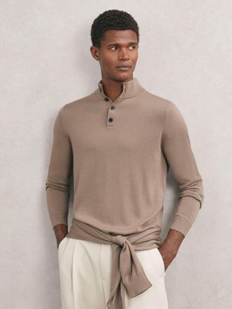 Reiss Camel Brown Merino Wool Half-button Funnel Jumper, Xxl