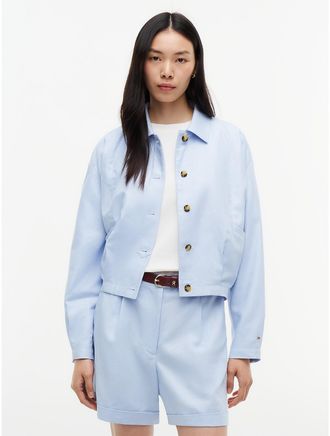 Tommy Hilfiger Womens Relaxed Linen-Blend Bomber Jacket - Sky Blue - XXS