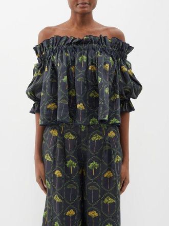 Agua Bendita Agua By Agua Bendita - Uruco Off-the-shoulder Printed Linen Blouse - Womens - Black Multi