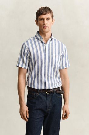GANT Men Striped Linen Blend Short Sleeve Shirt (XXXL) VINTAGE BLUE