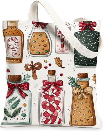 Generic Holiday Jar Canvas Tote Bags, Festive Bottle Design Reusable Grocery Bags, Vintage Lightweight Washable Shoulder Strap for, White, 13x15 Inch