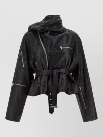 Rick Owens leather jacket belted waist high collar
