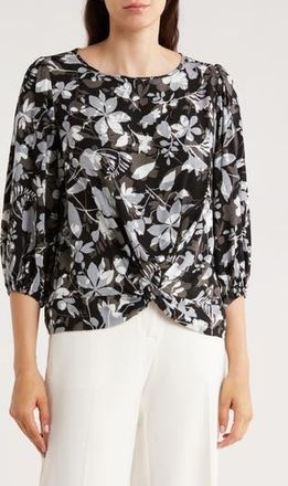 Renee C Floral Balloon Sleeve Twist Front Top in Black at Nordstrom Rack, Size X-Small