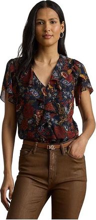 Lauren Ralph Lauren Floral Ruffle-Trim Georgette Blouse Womens Clothing Navy : XS, Polyester