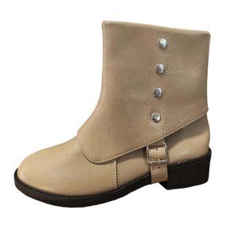 Generic 2026 Womens Mid Calf Boots Fashion Round Toe Slip On Chunky Block Heel Booties Comfortable Casual Winter Shoes for Women (Beige, 6.5)