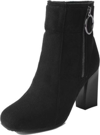 Generic Womens Ankle Boots Suede Leather Side Zip O-Ring Detail Block Heels Round Toe Comfortable Non Slip Durable for Daily Wear Party Street Fashion,Black,3