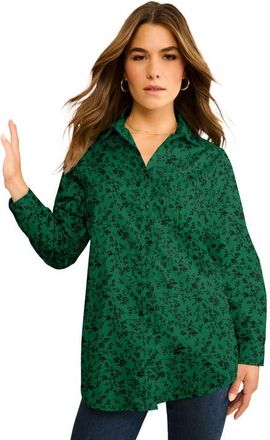Roaman's Plus Size Kate Long Sleeve Easy Cotton-Blend Button-Front Shirt in Emerald Ditsy Vines at Nordstrom, Size 42