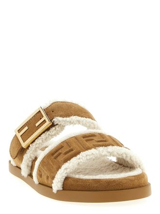 Fendi Womens Beige Calfskin Slides Shoe