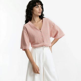 La Redoute Collections Gestreepte T-shirt met knoopsluiting en V-hals
