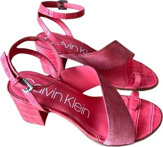 Calvin Klein Womens Coleen Croc Embossed Vip Kid Suede Sandal In Coral