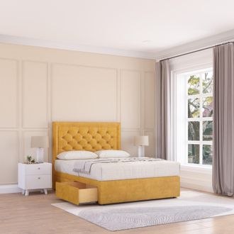 Sloomy Montana Plush Velvet Memory Foam Bed Set With 2 Drawers, Mattress & Headboard in Gold | Size: Super King